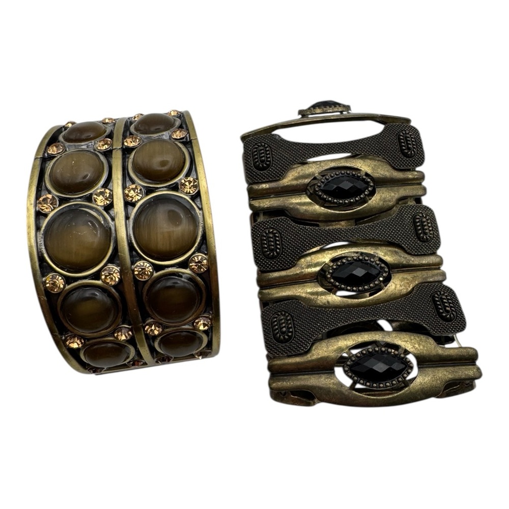 Bold Vintage-Style Gemstone Cuff & Stretch Bracelet Set‎ – Antique Brass Look